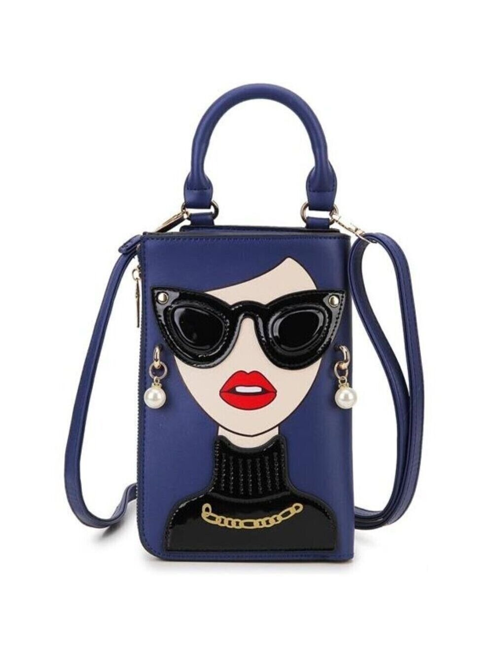 Lady Face Deep Blue Shoulder Bag Funky Vegan Leather Top Handle Satchel